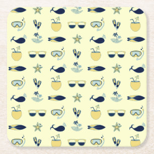 Trendy Summer Icons Pattern Square Paper Coaster