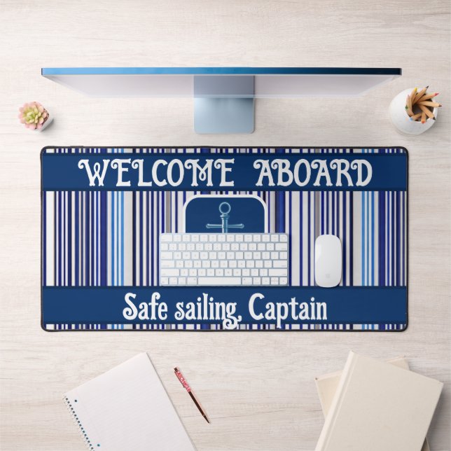 Trendy Summer Navy Blue Boat Stripes Collection Desk Mat (Office 1)