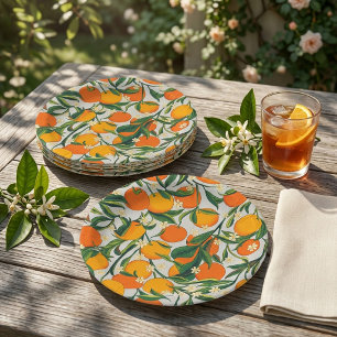 Trendy Summer Oranges Citrus Fruit Blossom Pattern Paper Plate
