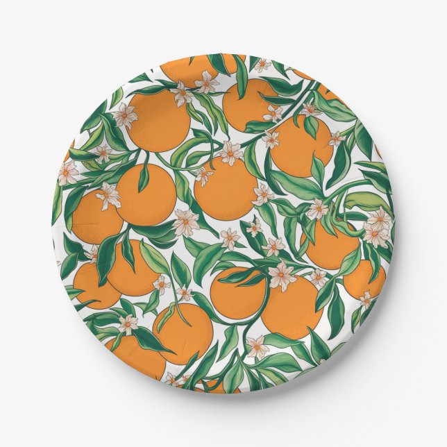 Trendy Summer Oranges Citrus Fruit Blossom Pattern Paper Plate (Front)