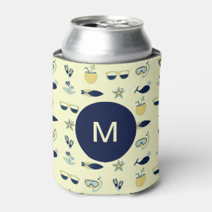 Trendy Summer Symbols Pattern Monogram Can Cooler