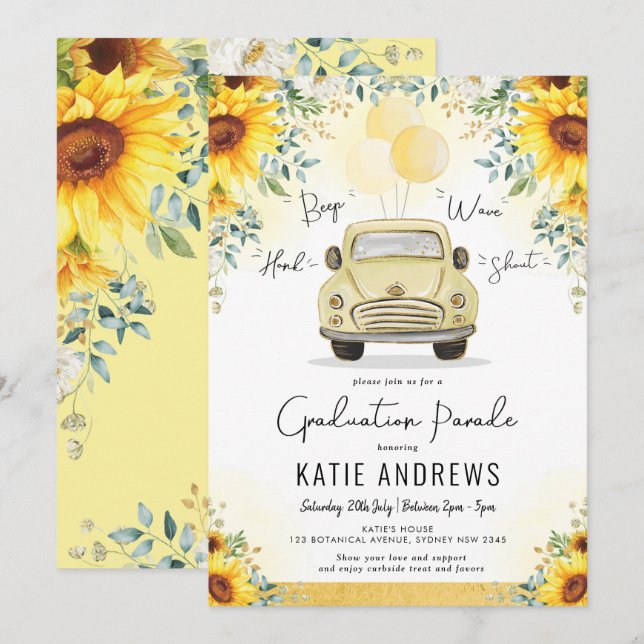 Trendy Sunflower Drive By Graduation Party Parade Invitation (Front/Back)