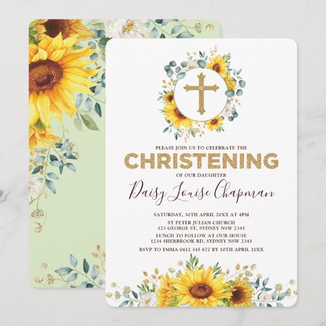 Trendy Sunflower Greenery Yellow Gold Christening Invitation (Front/Back)