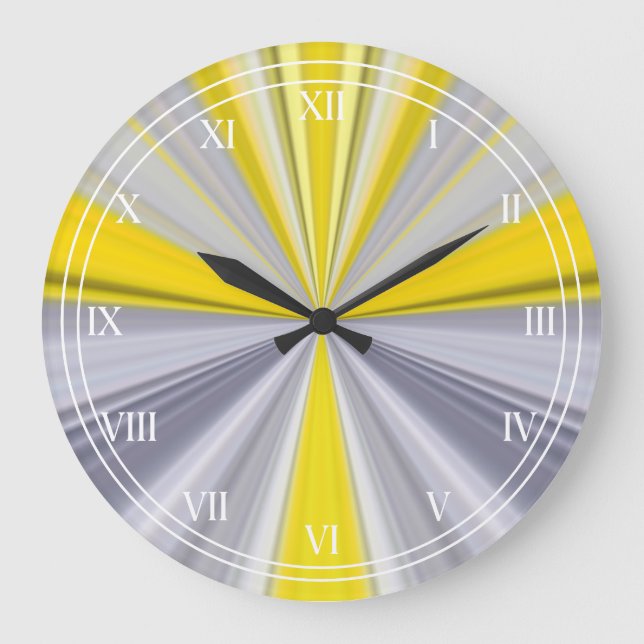 Trendy Sunny Yellow Grey Comical Stripe Modern Large Clock (Front)