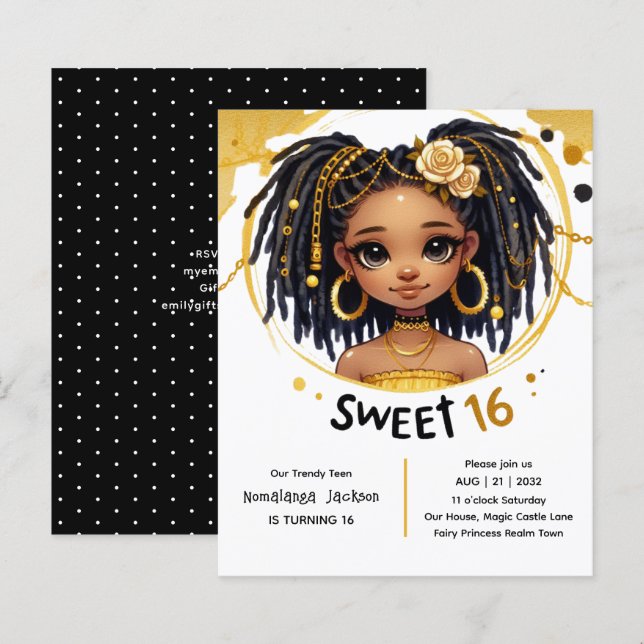 Trendy Sweet 16 Black Teen Birthday Black Gold (Front/Back)