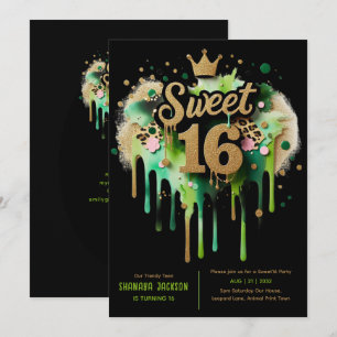 Trendy Sweet 16 Leopard Print Green Gold  Invitation