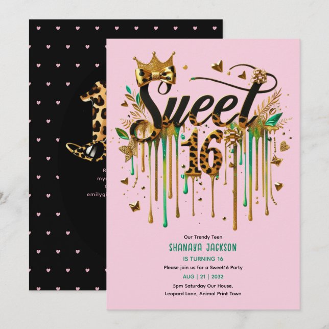 Trendy Sweet 16 Leopard Print Green Pink Gold  Invitation (Front/Back)