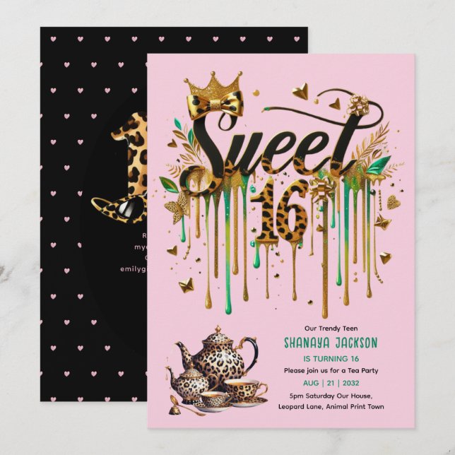 Trendy Sweet 16 Leopard Print Tea Party Invitation (Front/Back)