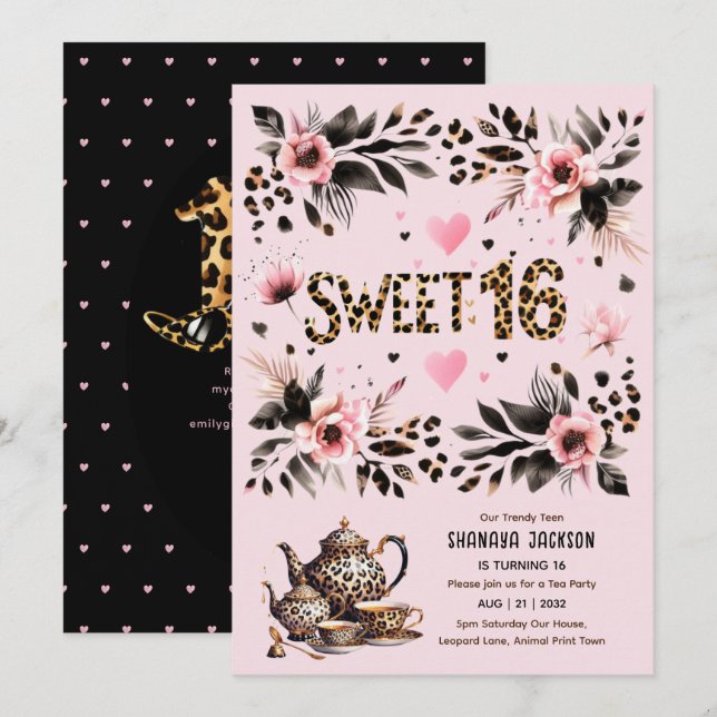 Trendy Sweet 16 Leopard Print Tea Party Invitation (Front/Back)