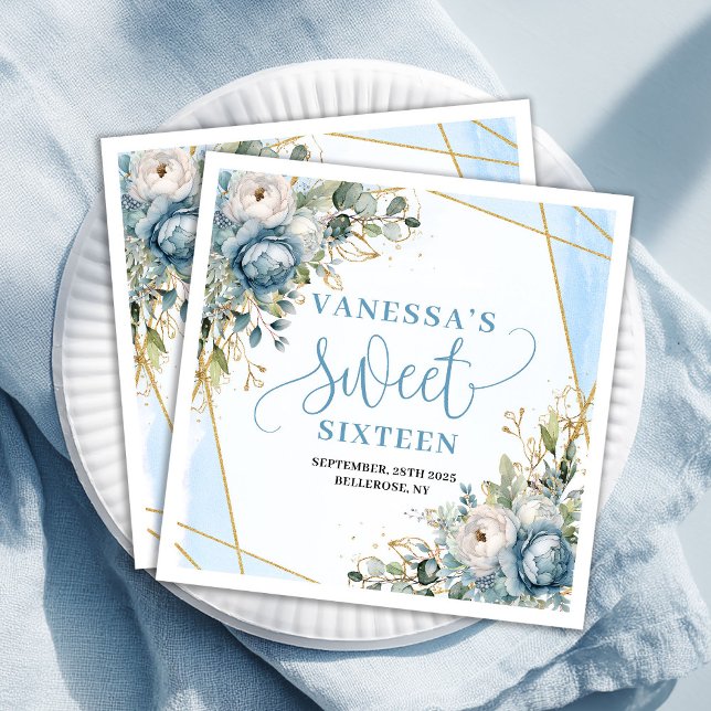Trendy Sweet Sixteen Dusty Blue Greenery Table  Napkin (Trendy Sweet Sixteen Dusty Blue Greenery Table Paper Dinner Napkins)