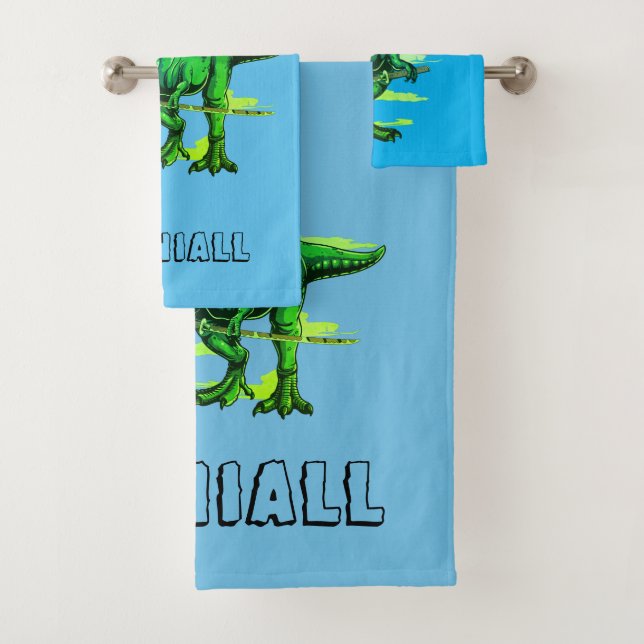 Trendy T Rex Dinosaur Personalised Bath Towel Set (Insitu)