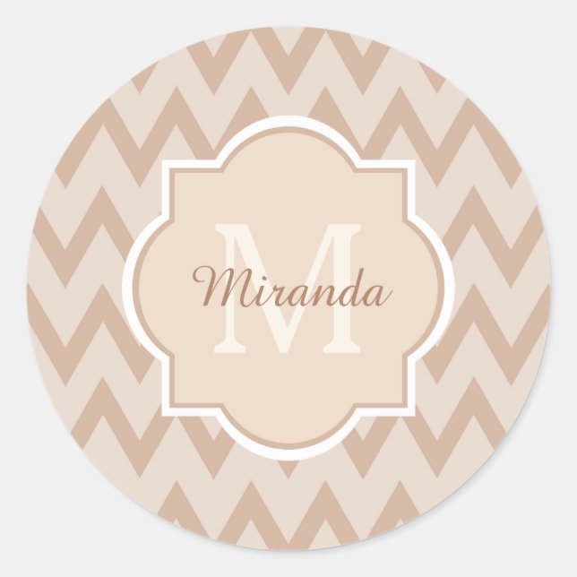 Trendy Tan Brown Chevron Zigzag Name and Monogram Classic Round Sticker (Front)