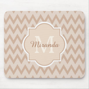Trendy Tan Brown Chevron Zigzag Name and Monogram Mouse Mat