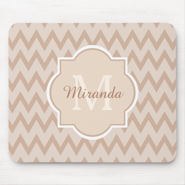 Trendy Tan Brown Chevron Zigzag Name and Monogram Mouse Mat (Front)