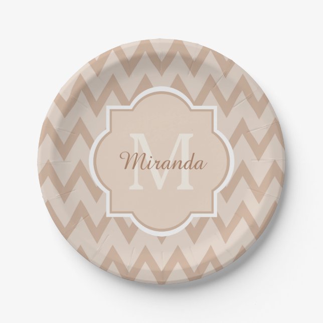 Trendy Tan Brown Chevron Zigzag Name and Monogram Paper Plate (Front)