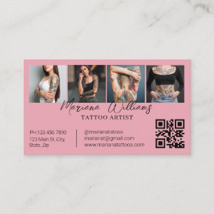 Trendy Tattoo Artist QR Code 4 Photo Collage pink Business Card