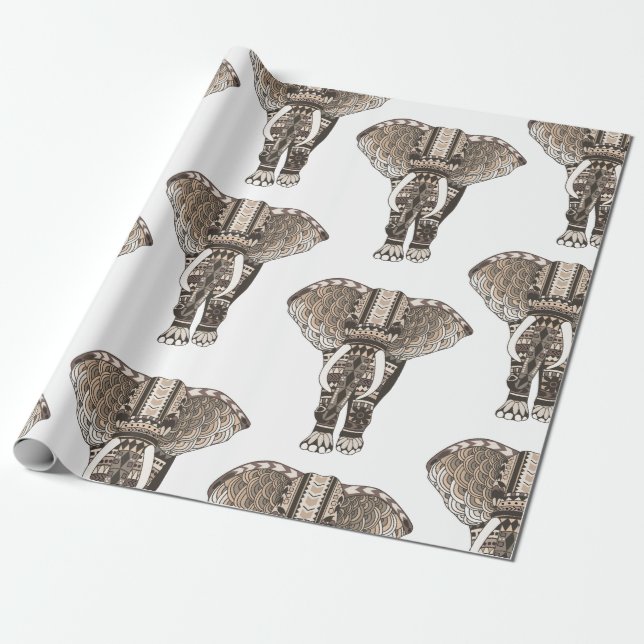 Trendy Taupe Tribal Elephants Wrapping Paper (Unrolled)