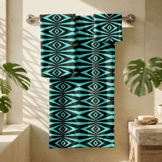 Trendy Teal and Black Geometric Op Art Pattern Bath Towel Set (Creator Uploaded)