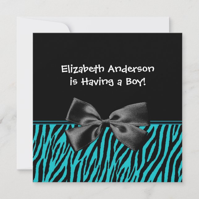 Trendy Teal And Black Zebra Print Boy Baby Shower Invitation (Front)