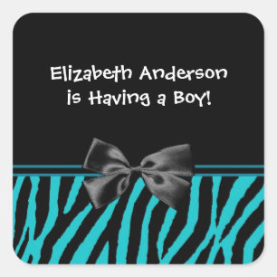 Trendy Teal And Black Zebra Print Boy Baby Shower Square Sticker