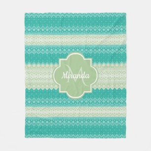 Trendy Teal and Light Green Knit Pattern and Name Fleece Blanket