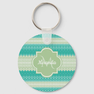 Trendy Teal and Light Green Knit Pattern and Name Key Ring