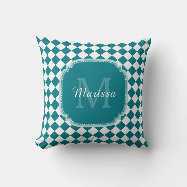 Trendy Teal and White Checked Monogrammed Name Cushion (Front)
