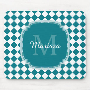 Trendy Teal and White Checked Monogrammed Name Mouse Mat
