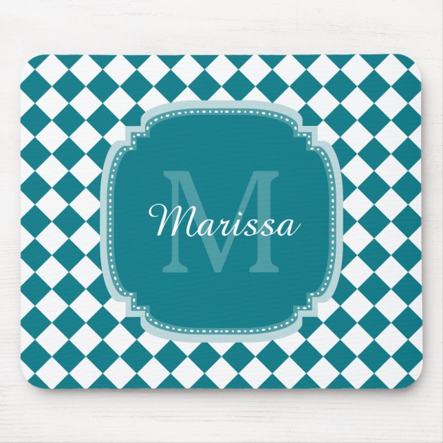 Trendy Teal and White Checked Monogrammed Name Mouse Mat (Front)