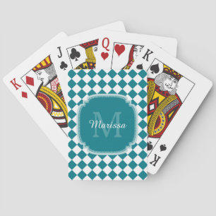 Trendy Teal and White Checked Monogrammed Name Playing Cards