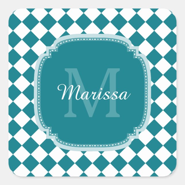 Trendy Teal and White Checked Monogrammed Name Square Sticker (Front)