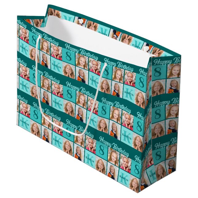 Trendy Teal Birthday Party Custom Photo Collage Large Gift Bag (Front Angled)
