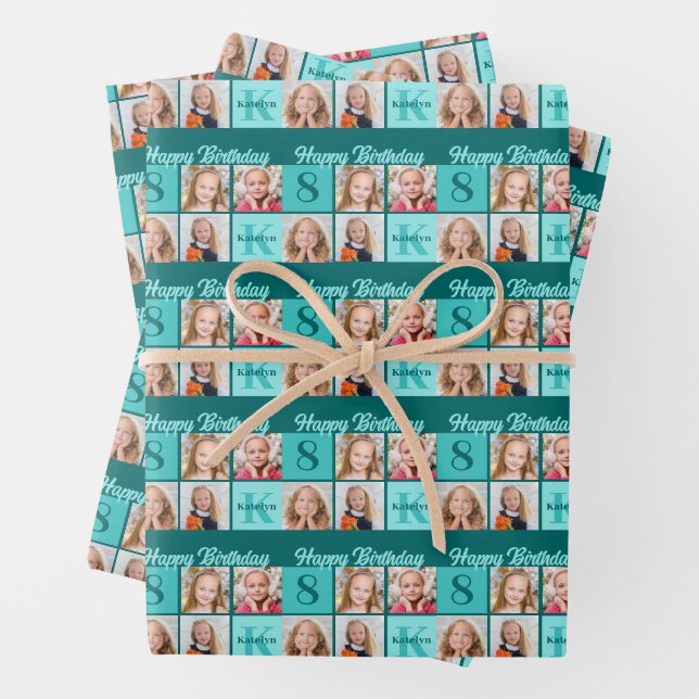 Trendy Teal Birthday Party Custom Photo Collage Wrapping Paper Sheet (In situ)