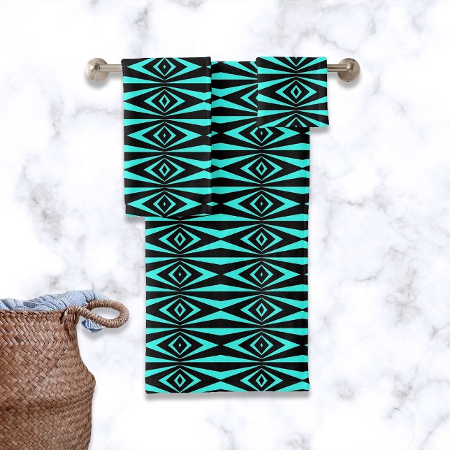 Trendy Teal & Black Op Art Geometric Pattern Bath Towel Set (Creator Uploaded)