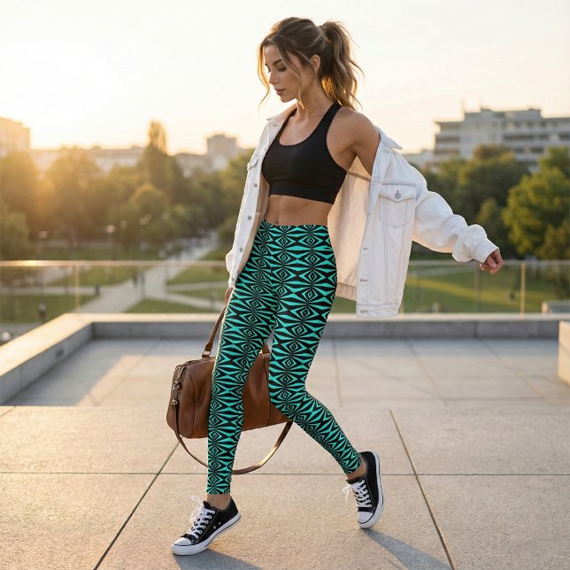 Trendy Teal & Black Op Art Geometric Pattern Leggings (Creator Uploaded)