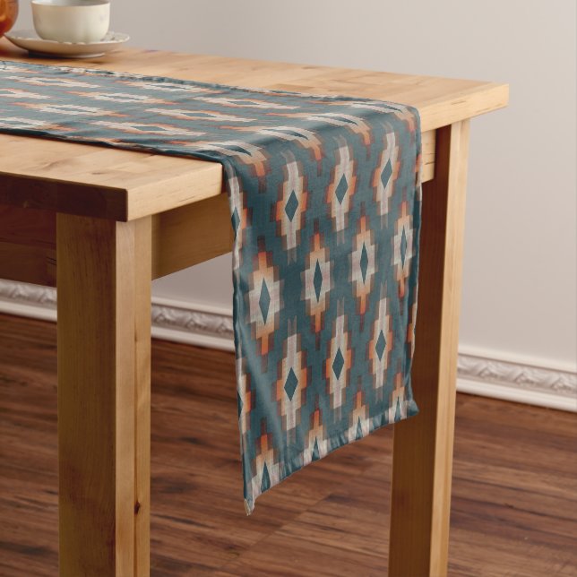 Trendy Teal Blue Orange Dark Brown Grey Tribal Art Short Table Runner (In Situ)
