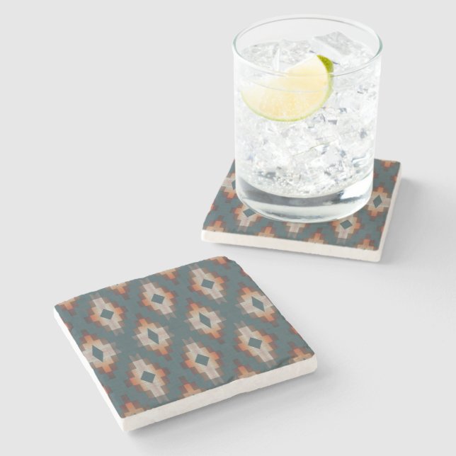 Trendy Teal Blue Orange Dark Brown Grey Tribal Art Stone Coaster (Side)