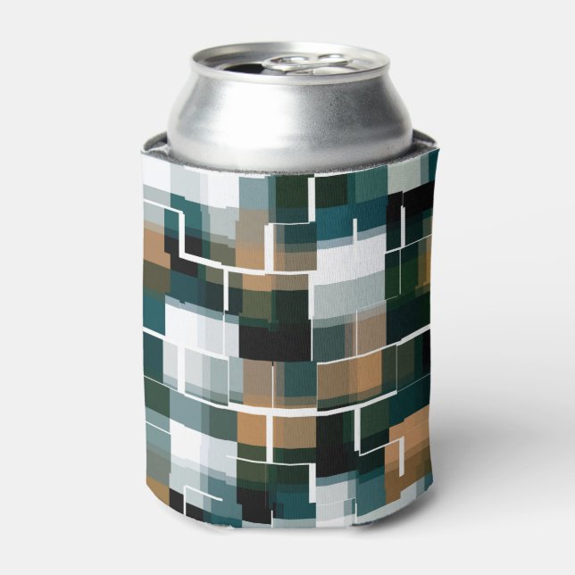 Trendy Teal Brown Black White Plaid  Can Cooler (Can Front)