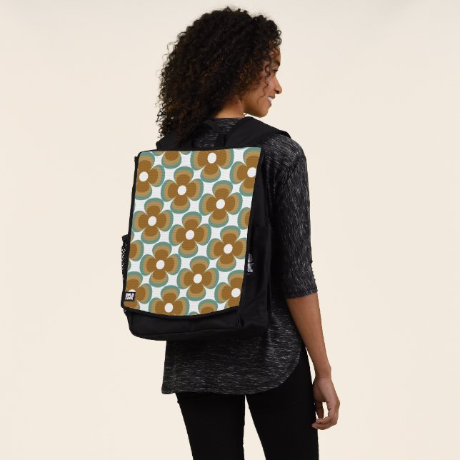 Trendy Teal Caramel Retro Groovy Flowers Seamless Backpack (Worn)