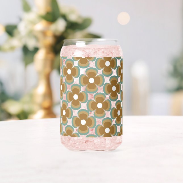 Trendy Teal Caramel Retro Groovy Flowers Seamless Can Glass (Insitu (Wedding))