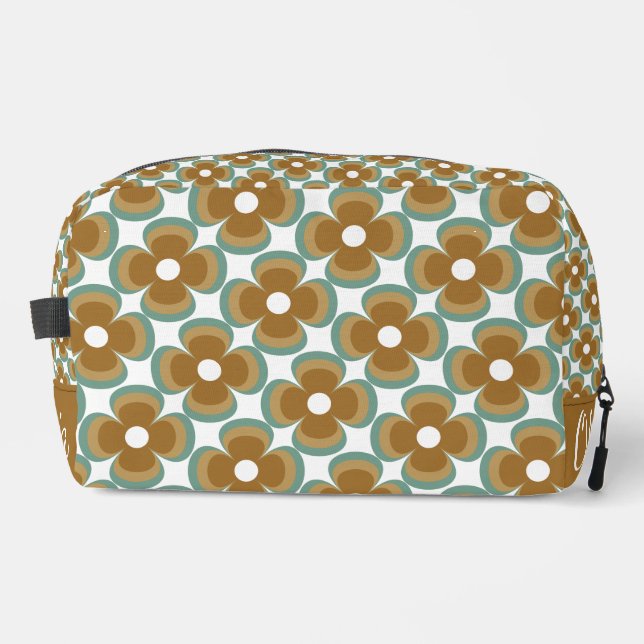 Trendy Teal Caramel Retro Groovy Flowers Seamless Dopp Kit (Front)