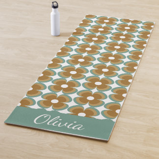 Trendy Teal Caramel Retro Groovy Flowers Seamless Yoga Mat