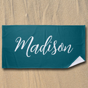 Trendy Teal Customised Name Handwritten Script Beach Towel