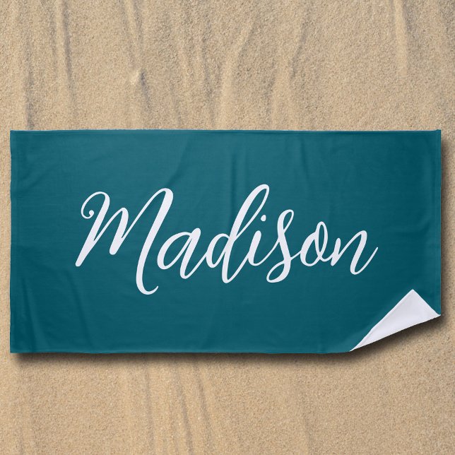Trendy Teal Customised Name Handwritten Script Beach Towel (Creator Uploaded)