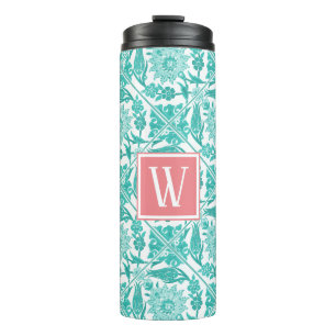 Trendy Teal Floral Tiles & Pink   Monogram Thermal Tumbler