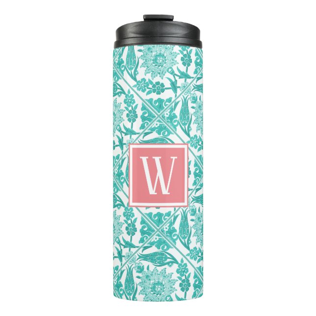 Trendy Teal Floral Tiles & Pink | Monogram Thermal Tumbler (Front)