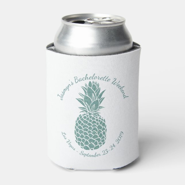 Trendy Teal Glitter Pineapple Bachelorette Party Can Cooler (Can Front)