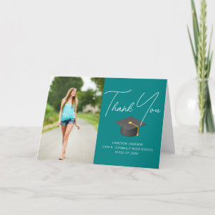 Trendy Teal Graduate Photo Custom Graduation Thank You Card