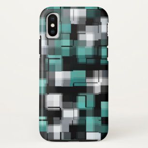 Trendy Teal Green Blue Black White Abstract Plaid iPhone XS Case