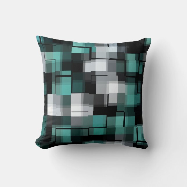 Trendy Teal Green Blue Black White Abstract Plaid Cushion (Front)